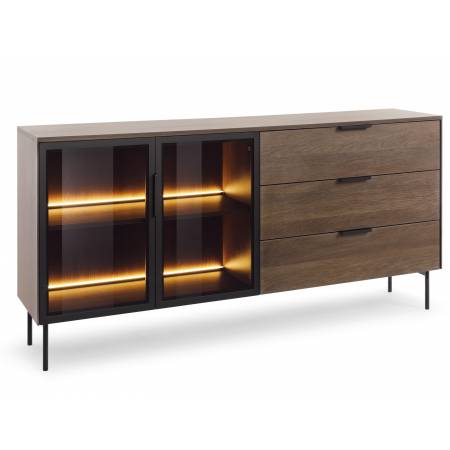 Komoda 180 cm z szufladami + LED przeszklona LIMA dąb dunin + czarny
